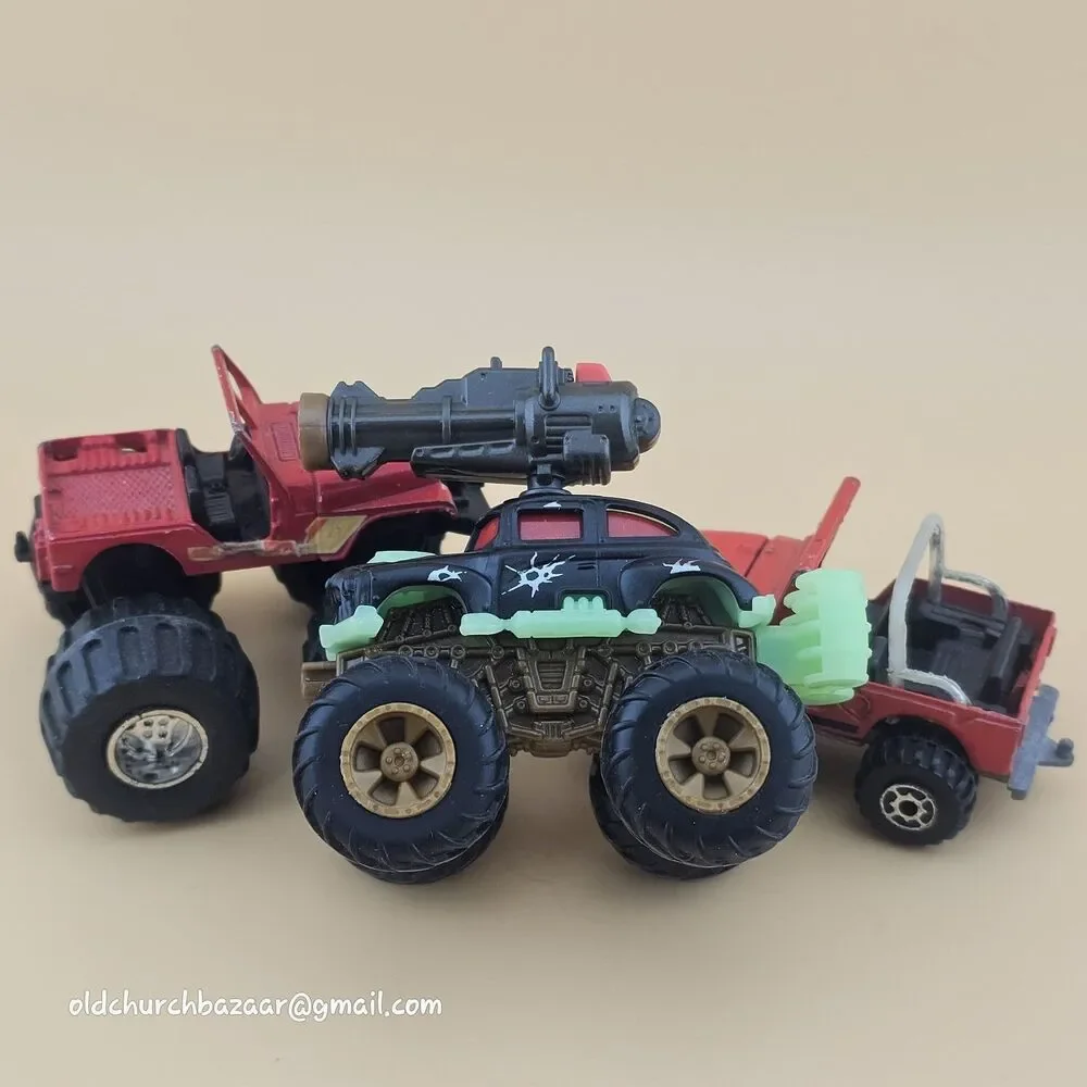 Vtg Lot Of 3 1990's Diecast Monster Trucks Jeep Cars Multi-Color Collectible Toy